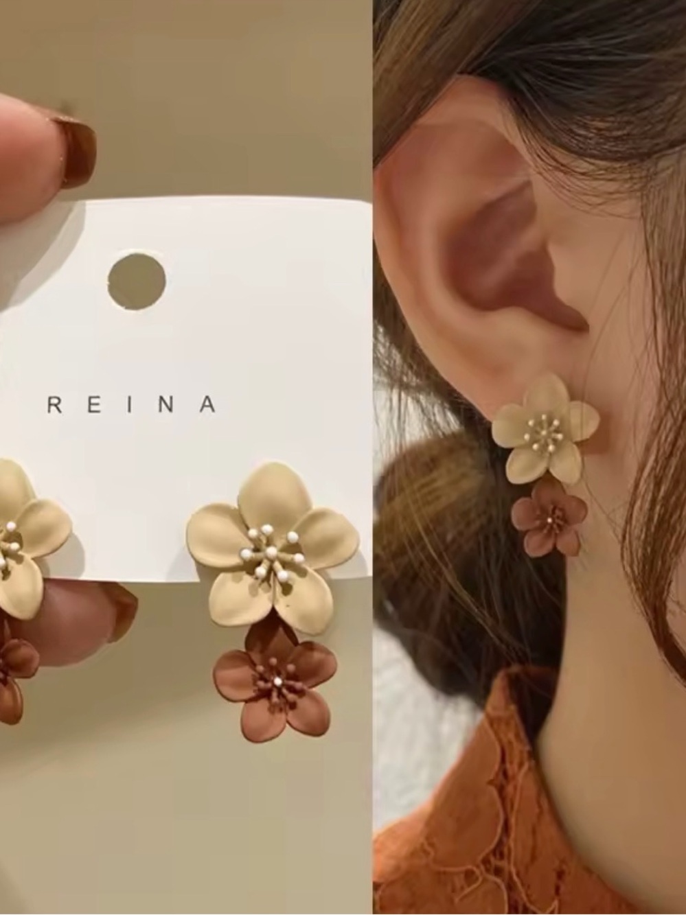 Beige and Brown Floral Drop Earrings